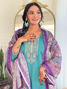 Ensemble tendance pour femme : Kurti droit en viscose Chanderi bleu sarcelle brodé avec pantalon Chanderi et dupatta en lin - Product Image 4