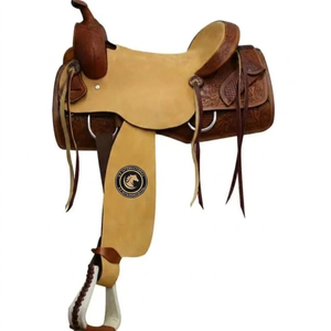 Silla de montar DD de cuero bicolor estilo western para rodeo, con diseño floral grabado a mano, costuras decorativas y asiento rígido, para equitación. - Product Image 1