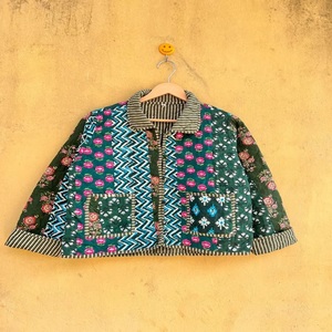 Veste en coton patchwork brodée à la main pour femme, manches courtes, col rabattu, style bohème printemps, manches longues, écologique - Product Image 1
