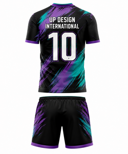 ชุดเสื้อฟุตบอลและกางเกงขาสั้นสีดำม่วงเขียวแบบซับลิเมชั่น ระบายอากาศได้ดี ผลิตจากโพลีเอสเตอร์ ชุดยูนิฟอร์มทีมฟุตบอล ชุดกีฬา - Product Image 2