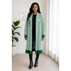 Iota Phi Lambda Sorority Women's Longline Herringbone Knit Duster <b>Cardigan</b> Open Front Embroidered Ribbed Cuff <b>Sweater</b> - Product Image 5