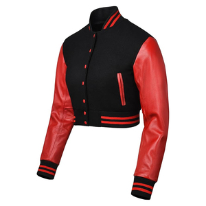 Women's <b>Quilted</b> Crop Varsity Jacket Genuine Leather Sleeve <b>Wool</b> Body Plain Dyed Letterman Wholesale Short Autumn Season - Product Image 2