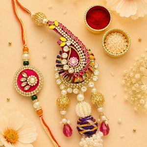 Ensemble de Rakhi traditionnel de créateur avec embellissements en perles pour les cadeaux du festival Raksha Bandhan, Bhai Bhabhi Rakhdi Siblings - Product Image 4