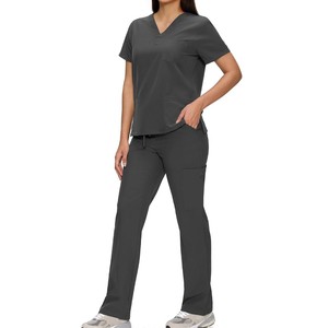 Nuevo Conjunto de Uniforme Médico Unisex con Cuello en V, Color Gris Oscuro, Algodón y Poliéster, Pantalones con Bolsillos, Transpirable y Antiarrugas - Product Image 4