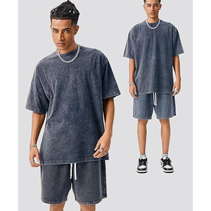 Men Gym Workout Acid Wash T Shirt Shorts <b>Set</b> Summer Casual 2 Piece Outfit Breathable Cotton Matching <b>Set</b> - Product Image 2