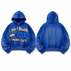 Sweat à capuche bleu oversize zippé pour homme, style streetwear, en coton French Terry, avec imprimé lettres sur le devant, idéal pour l'automne - Product Image 1
