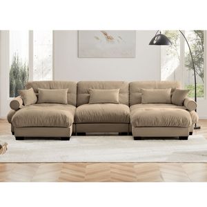 Divano Modulare a U Moderno a 3 Posti con Due Pouf Mobili, Cuscini Lombari e Cuscini Decorativi per Soggiorno - Product Image 3