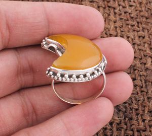 Bague vintage en jade jaune demi-lune, argent sterling 925, style rétro bohème, bande à pois, bijoux de mariage pour femmes - Product Image 2