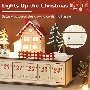 Calendario dell'Avvento Effetto Legno con 24 Luci LED e Cassetti Conto alla Rovescia per Decorazioni Natalizie - Product Image 6