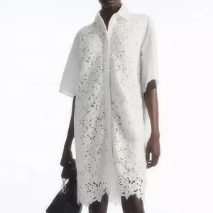 Custom 2023 wholesale designer female summer white fashion 100% cotton embroider cut out luxury midi elegant shirt dress women
