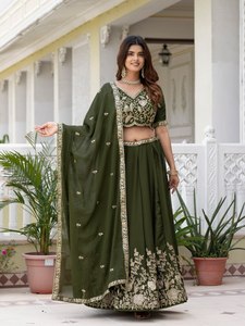 Green Embroidered Georgette <b>Lehenga</b> Choli Set Heavy Sequin Work <b>Women</b> Wedding Party Outfit - Product Image 6