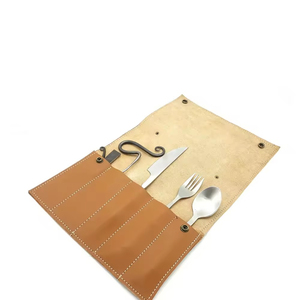OEM Medieval <b>Cutlery</b> Set Rustic Handmade Spoon Fork Knife Reusable Dining Tableware With Leather <b>Storage</b> Holder - Product Image 6
