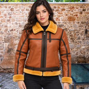 Brown <b>Sheepskin</b> Woolen Genuine Leather Aviator Bomber <b>Jacket</b> Men's Windproof Zip-Up Winter Streetwear Outerwear Front Logo - Product Image 5