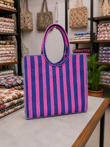 Bolso de lona para mujer con diseño de rayas rosas y azules, estilo bohemio, para compras, para todas las estaciones, diseño ligero - Product Image 2