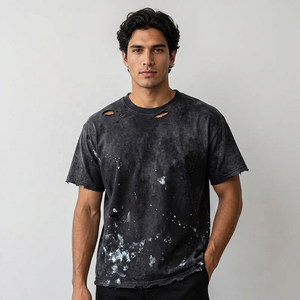 T-shirt noir surdimensionné pour homme, motif peint à la main, style streetwear, col rond, manches courtes, en coton tricoté - Product Image 5