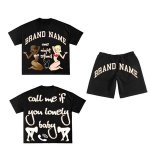 280 GSM Cotton Polyester Women T Shirt And Shorts <b>Set</b> Black Puff Print DTG Custom Logo 100% Cotton T shirt & Short <b>Set</b> - Product Image 4