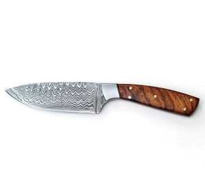 Couteau utilitaire artisanal en acier damas à motif échelle, lame pointue, manche en bois de rose naturel, bolster en acier. - Product Image 1