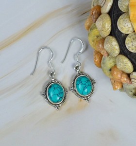 Pendientes de Turquesa Natural al por Mayor, Plata de Ley 925, Hechos a Mano, Redondos, Colgantes, Estilo Boho Vintage, Joyería Fina - Product Image 2