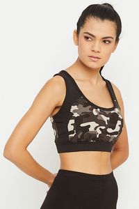 Soutien-gorge de sport imprimé camouflage pour femme, col rond, maintien moyen, respirant, idéal pour le fitness et l'entraînement - Product Image 1