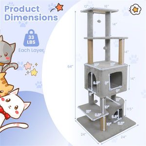 Torre per Gatti Grigio Chiaro da 64 Pollici con Posti Sdraiarsi in Peluche, 3 Palline Pendenti, Tiragraffi in Juta e Dispositivo Anti-Ribaltamento per Ambienti con Più Gatti - Product Image 5
