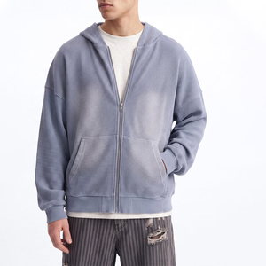 Nouvel Arrivage – Sweat à Capuche Zippé Tricoté Bleu pour Homme, Coupe Droite, Style Décontracté, Lavage Acide, Idéal Automne - Product Image 1