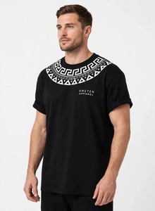ONETEN APPAREL Camiseta negra de manga corta para hombre con cuello redondo y patrón geométrico de clave griega blanca - Product Image 5