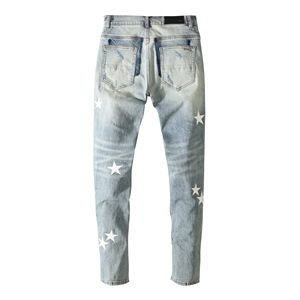 Pantalones vaqueros azul claro para hombre con apliques de estrellas verdes y negras, estilo casual de verano, cintura media, cierre de botones, pantalones de algodón tejido. - Product Image 6