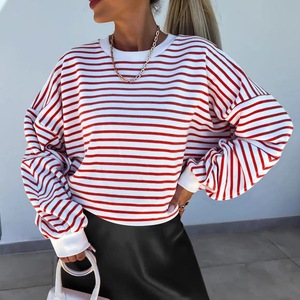 <b>Women's</b> Oversized Striped Lantern Sleeve Sweatshirt Crew Neck Knitted Cotton Bamboo Fiber Autumn Breathable Regular Length - Product Image 2
