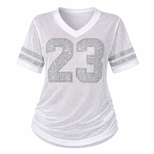 เสื้อยืดเจอร์ซีย์อเมริกันฟุตบอลผู้หญิงสุดหรู ตกแต่งด้วยตาข่ายและคริสตัล คอวี ระบายอากาศได้ดี เหมาะสำหรับฤดูร้อน รับสกรีนโลโก้ เสื้อผ้าแฟชั่น ขายส่ง - Product Image 4