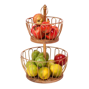 2 Tier Metal and Wooden Fruit Vegetable Basket Stand Home Kitchen Countertop Storage Organizer Produce Display <b>Rack</b> - Product Image 2