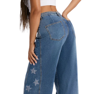 Vaqueros anchos de mezclilla lavada para mujer, transpirables, de cintura media, con estrellas de diamantes de imitación, estilo casual y urbano, pantalones de largo completo - Product Image 4