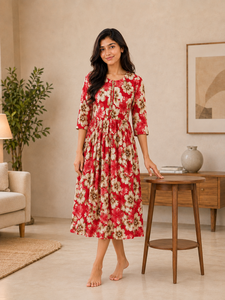 Robe midi pour femme à imprimé floral rouge, col rond, manches trois quarts, coupe évasée, tenue décontractée, robe traditionnelle indienne - Product Image 4