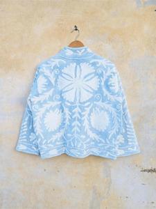 Luxury Artisan Sky Blue <b>Velvet</b> Embroidered <b>Jacket</b> With White Floral Pattern Full Sleeve Stand Collar Boho <b>Women's</b> Winter Coat - Product Image 3