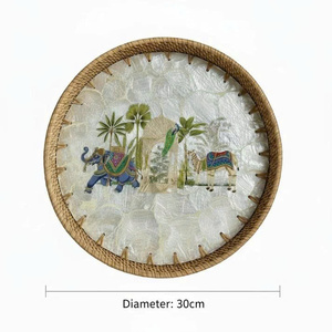 Plateau de service exquis fait main en rotin et nacre, élégant plateau décoratif pour table basse, ottoman, cuisine - Product Image 6