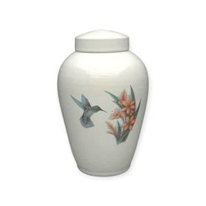 White Metal Cremation Urn with Hand Painted Hummingbird and Floral Artwork Peaceful Nature Inspired <b>Memorial</b> - Product Image 1