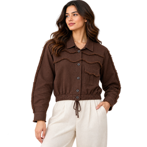 Chaqueta Corta de Lino 100% para Mujer, Color Marrón, Casual, Manga Larga, Cierre de Botones, Ribete Deshilachado, Cintura Elástica, Bolsillos Utilitarios - Product Image 1