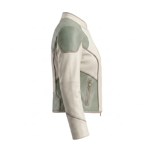 White Cream Green Panel Genuine Leather Women <b>Cafe</b> <b>Racer</b> Motorcycle <b>Jacket</b> Band Collar Zip Front Outerwear Coat - Product Image 3