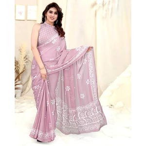 DESIGNER CHINON SOIE BATIK IMPRIMÉ TRAVAIL SAREE AVEC BLOUSE INCOUSÉE BÉBÉ ROSE - Product Image 1