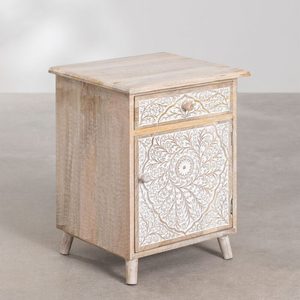 Aparador de Madera Maciza de Mango Tallada con Patrón Floral, Cómoda de Almacenamiento Rústica con Detalles de Hierro, 1 Cajón para Dormitorio o Sala de Estar - Product Image 1