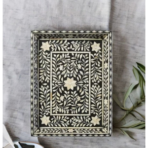 Plateau de service rectangulaire en os incrusté de fleurs de marguerite bleu ciel, plateau artisanal à motifs, décoration d'intérieur haut de gamme, pièce d'accent - Product Image 4