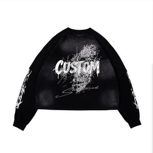 Sudadera de algodón extragrande de manga larga para hombre, estilo urbano, cuello redondo, tejida en negro con estampado de letras y diseño de llamas en las mangas - Product Image 2