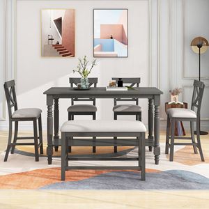 Juego de Comedor de 6 Piezas con Mesa de Altura Media, Estante y 4 Sillas con Banco para una Experiencia de Comedor Confortable - Product Image 3