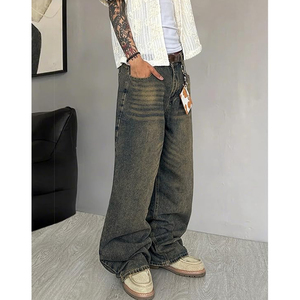 Men Relaxed Fit Wide Leg Denim Jeans Washed Black Baggy Casual Streetwear <b>Pants</b> Wholesale - Product Image 4
