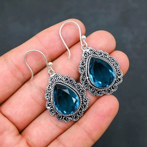 Boucles d'oreilles pendantes en topaze bleue, argent sterling 925, style antique, bijoux faits à la main - Product Image 6