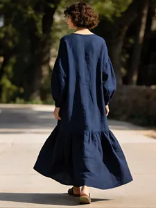 Women Black Cotton Maxi <b>Dress</b> O Neck <b>Long</b> Sleeve Loose Fit <b>Boho</b> Casual Flowy Summer <b>Dress</b> - Product Image 2