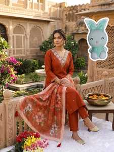 Orange Floral Embroidered Indian Pakistani Clothing Set Long Top Palazzo Pants <b>Shawl</b> for Party <b>Wedding</b> - Product Image 5