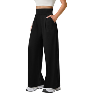 Pantalon pour femme noir à jambes larges, taille haute, élastique, plissé, coupe ample, longueur complète, décontracté, avec poches, couleur unie - Product Image 4