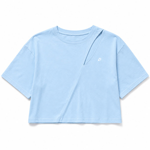 Asymmetric Cut Out Shoulder Blue Crop Top Loose Fit Summer Blouse Women's Shirts Casual Cotton Spandex Short Sleeve Crewneck Tee - Product Image 3