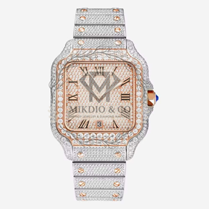 Reloj de Lujo Cuadrado de Cuarzo y Acero Inoxidable con Esfera Dorada Rosa, Números Romanos, Analógico, con Diamantes, Estilo Hip Hop, en Caja - Product Image 1