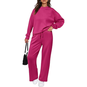 Women Plus Size Solid <b>Pink</b> Casual <b>Tracksuit</b> Crew Neck Sweatshirt With Drawstring Pants Full Length Loose Fit Fall Sweatsuits - Product Image 2